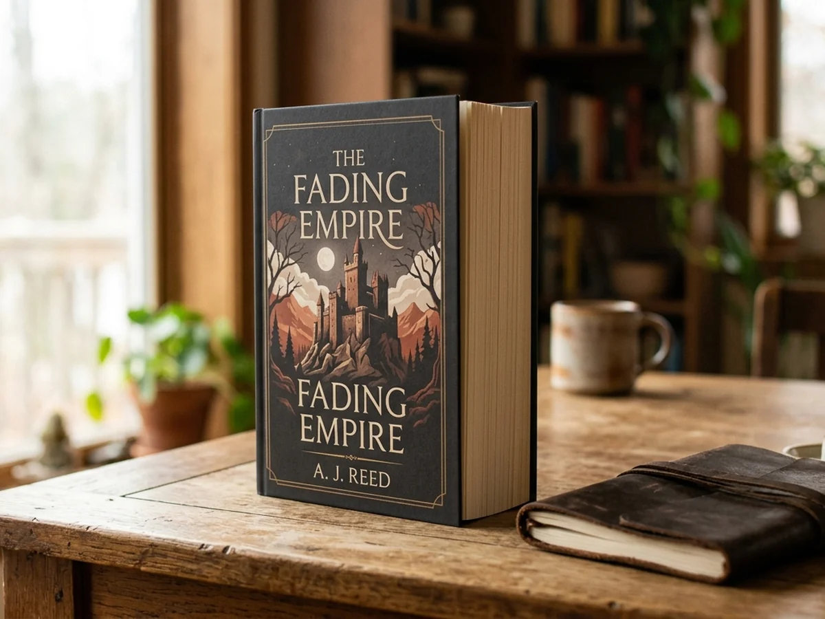 A massive 500-page paperback epic fantasy novel on a desk with a leather notebook and an unlit candle.
