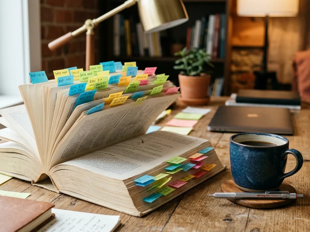 A massive 600-page technical reference paperback on a desk surrounded by sticky notes and a coffee cup.
