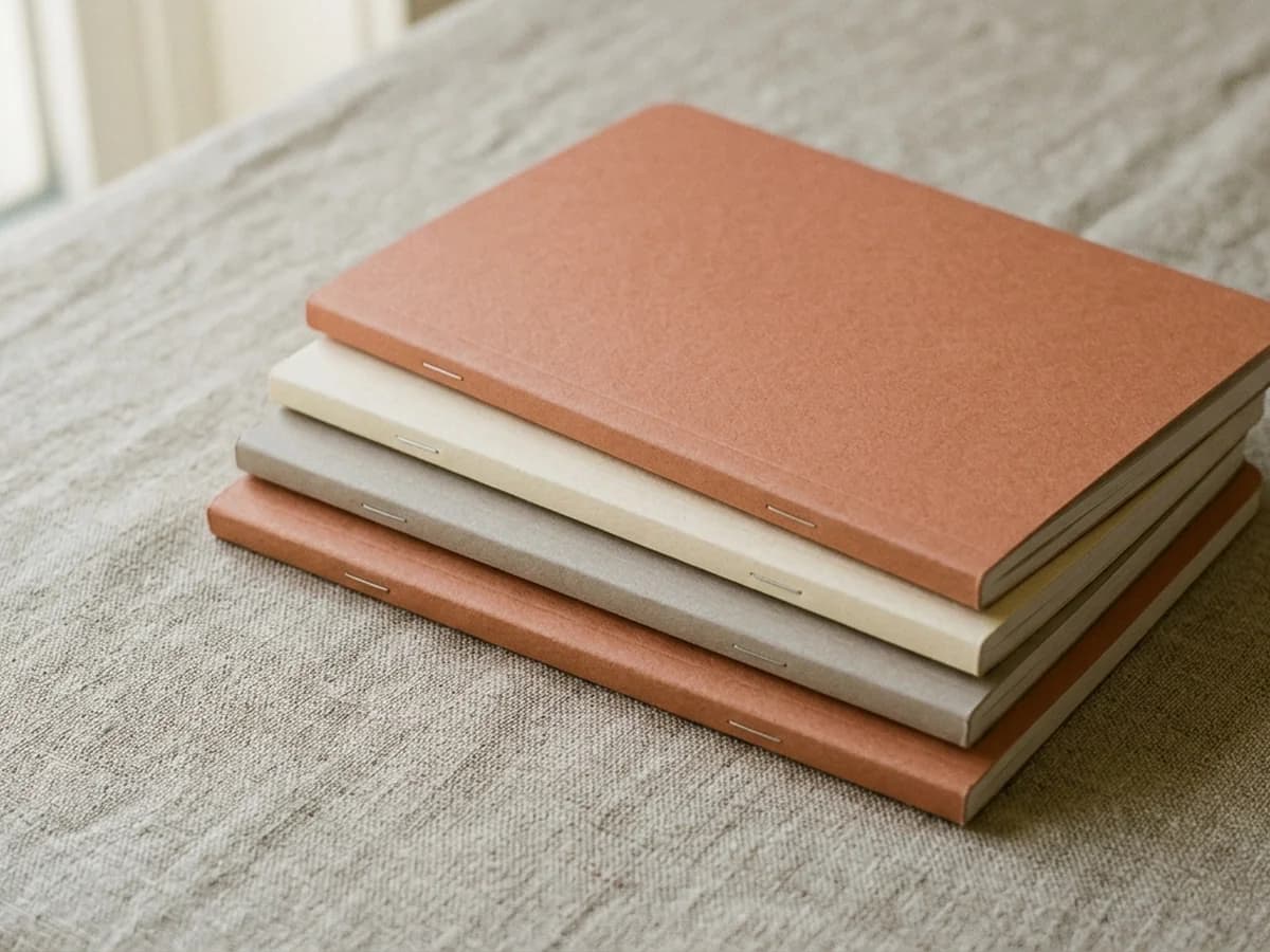 A small stack of softcover journals and notebooks - the cheapest format to publish on Amazon KDP.