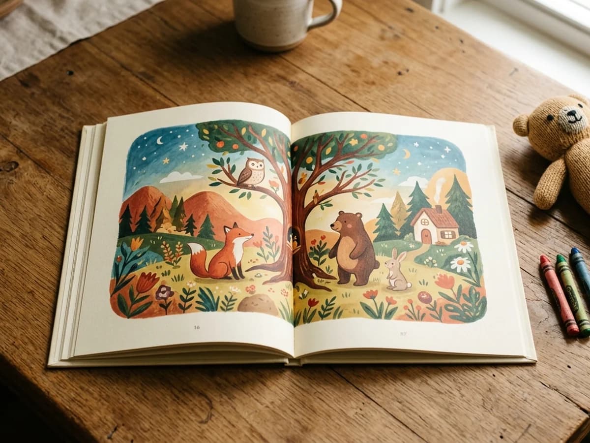 A 32-page color children's picture book with bright illustrations open on a wooden desk with a stuffed animal nearby.