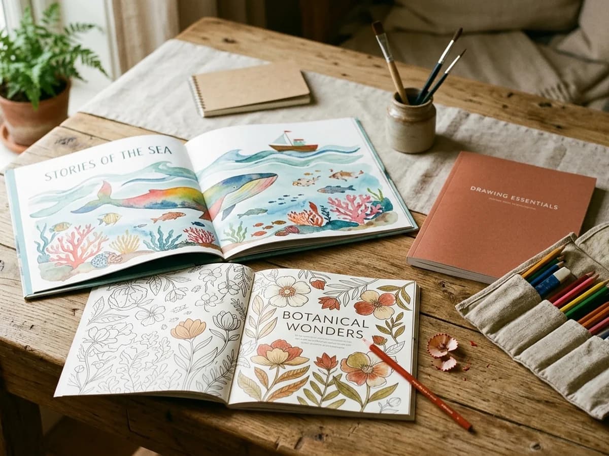 A spread of color children's books and adult coloring books on a wooden desk showing varied page counts.