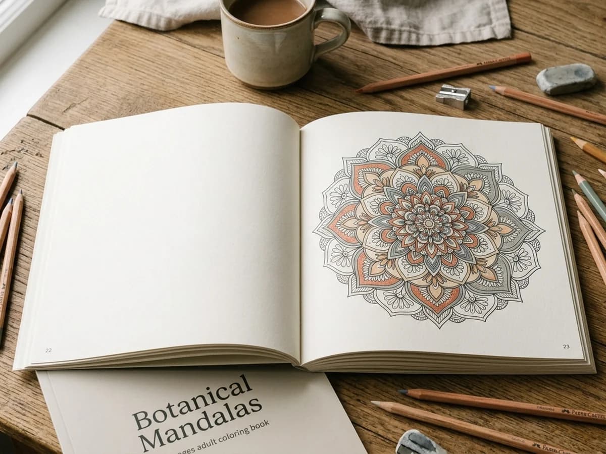 A 50-page adult coloring book open on a desk with colored pencils and partially completed mandala patterns.