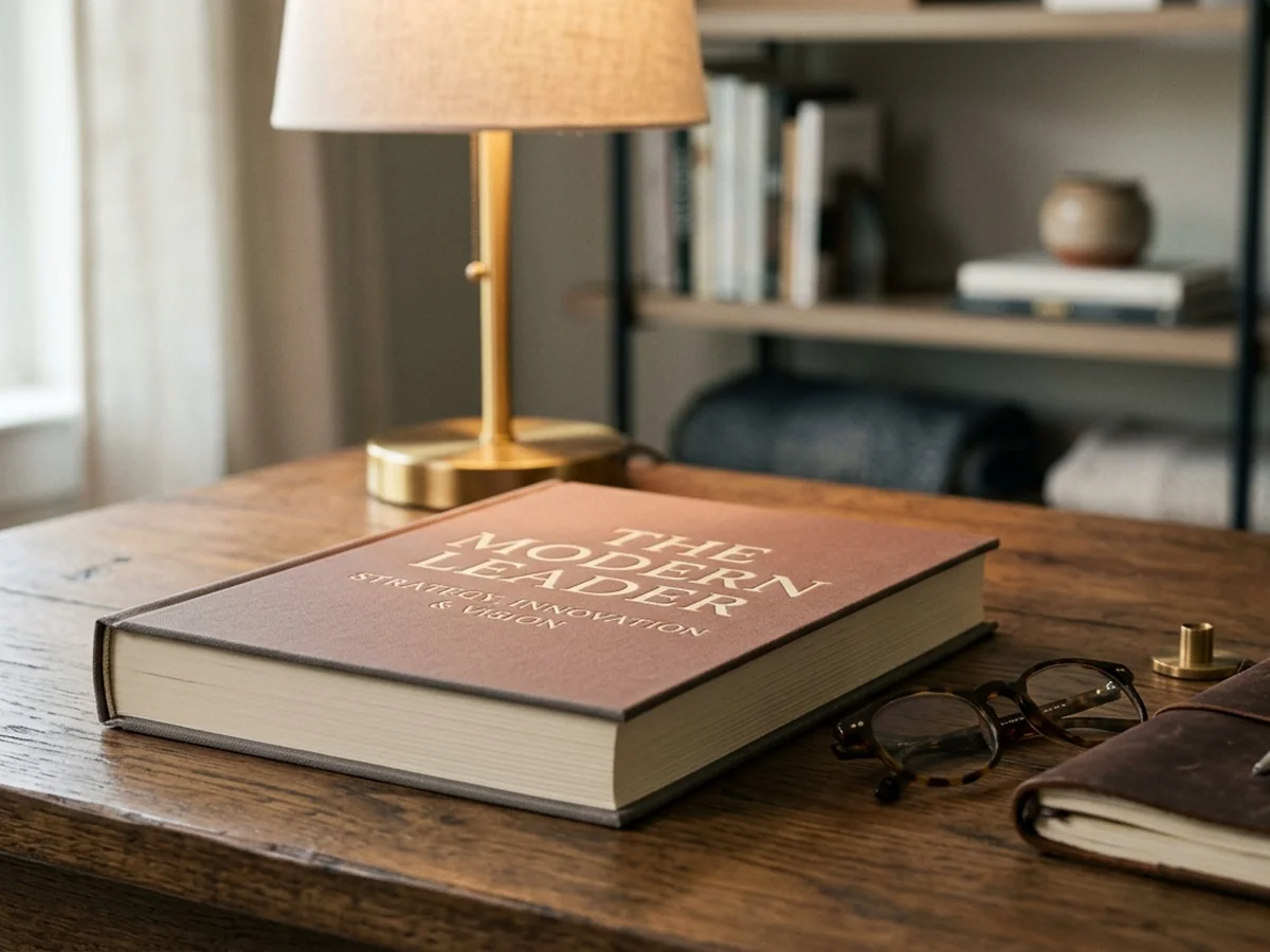 A premium 200-page hardcover business book on a desk with a brass desk lamp and reading glasses.