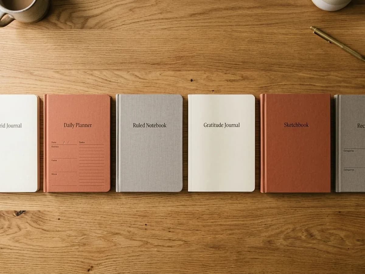 A row of softcover journals, planners, and notebooks lined up on a desk showcasing low-content book formats.