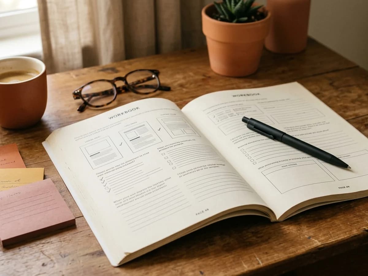 A 100-page workbook open on a desk with a pen, sticky notes, and a coffee cup in warm afternoon light.