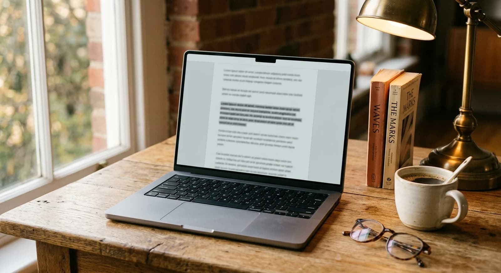 A laptop on a warm wooden cafe-style desk showing a book description being drafted in a minimal editor
