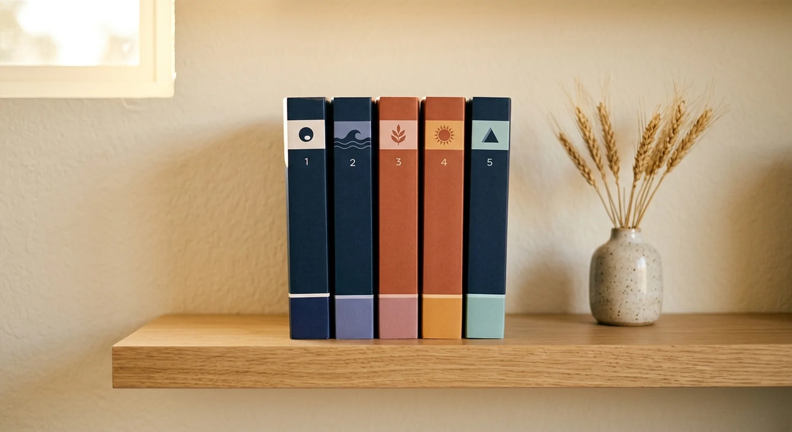 A row of five paperback spines on a wooden shelf sharing a deep navy palette with different abstract motifs per book