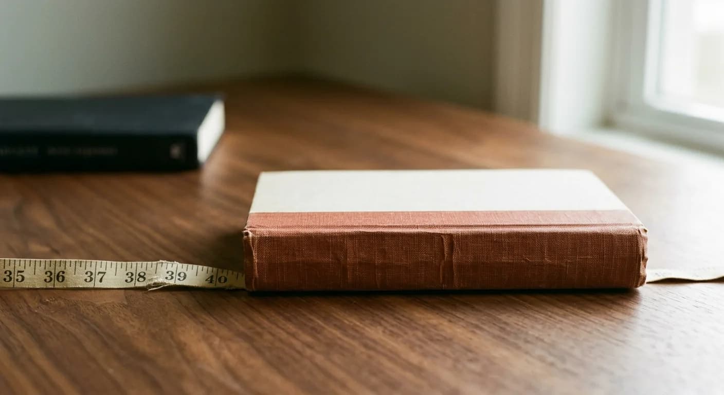 Paperback book spine measured with a cloth tape measure in warm natural light, illustrating the KDP spine width formula
