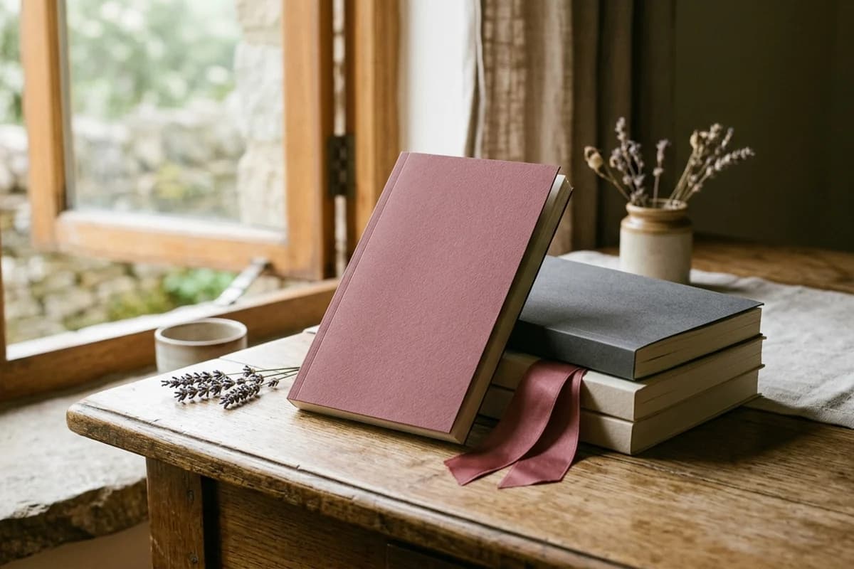 A refined 5.25 by 8 inch small-press paperback resting on a wooden writing desk in soft natural light, dried lavender and silk bookmark nearby - the indie literary-press fiction format.