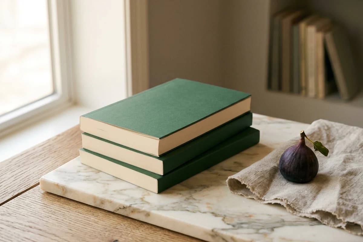 A 5.5 by 8.5 inch trade paperback novel stacked on two matching volumes on a marble surface, a single fresh fig nearby - the trade-paperback fiction standard.