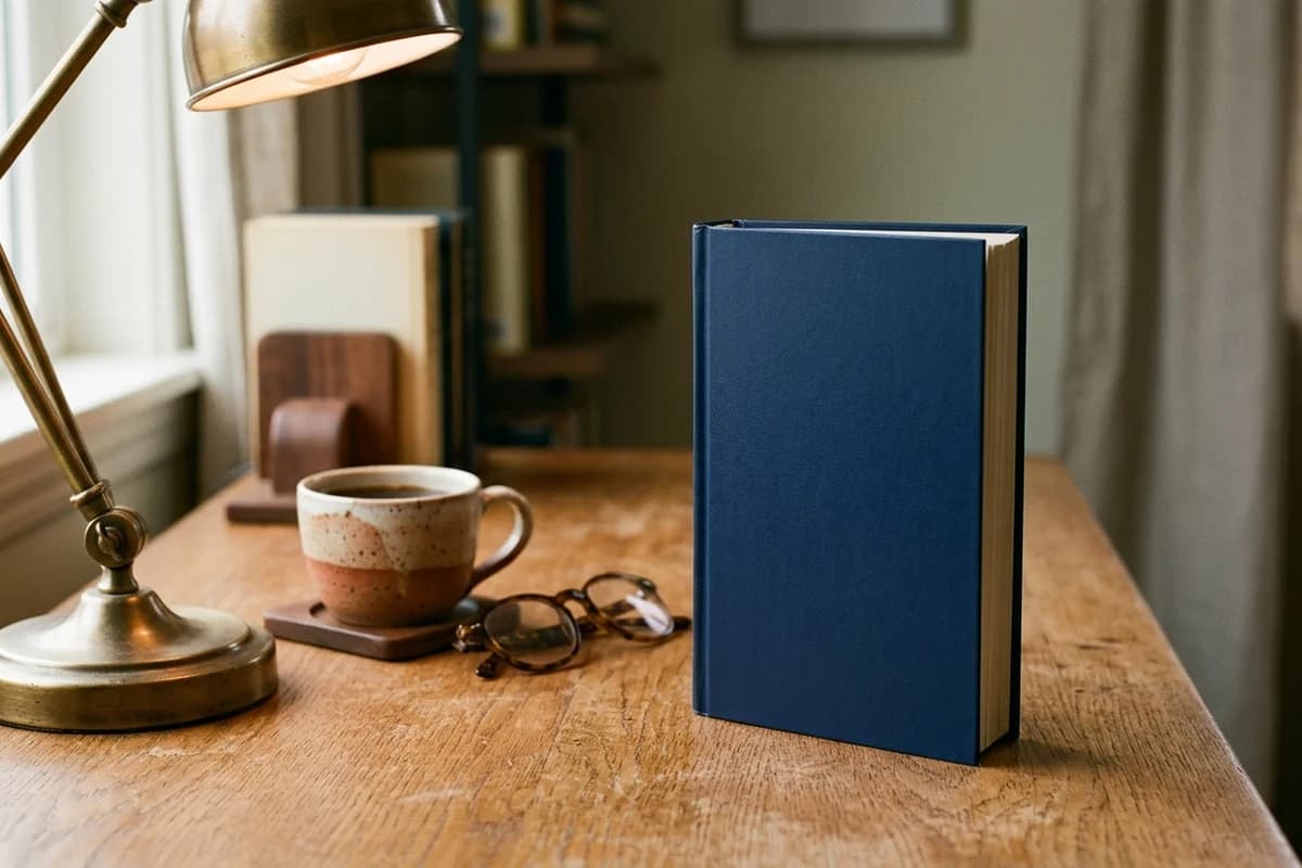 A 5 by 8 inch mass-market paperback novel on a warm oak desk, narrow spine visible, brass reading lamp and ceramic coffee cup beside it - representing the classic genre fiction format on Amazon KDP.