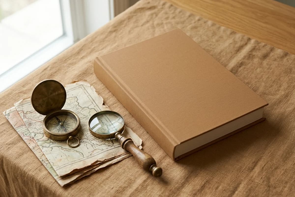 A 6.69 by 9.61 inch substantial hardcover-style non-fiction book on tan linen with a vintage compass and folded maps - the expansive premium non-fiction format.