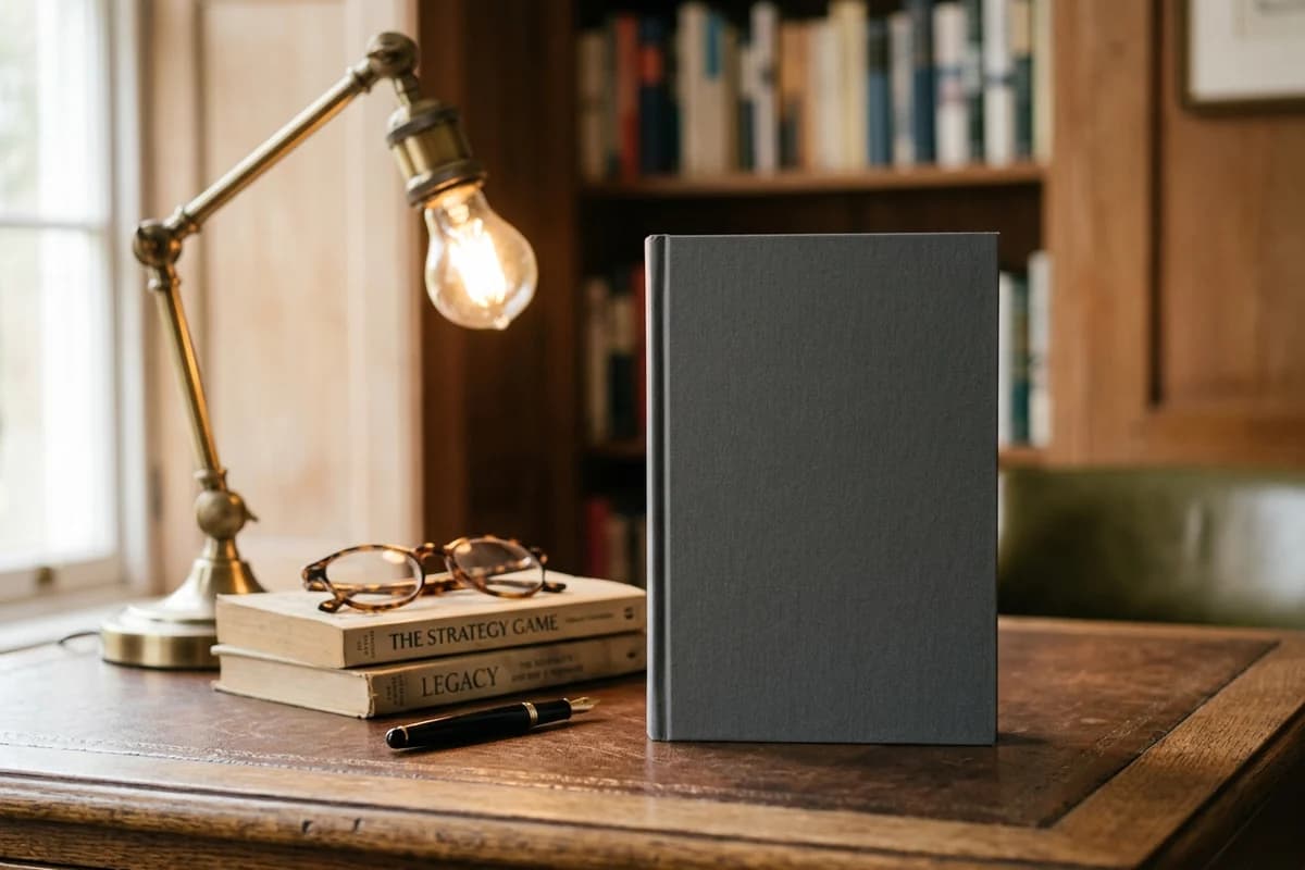 A 6 by 9 inch hardcover business book standing on a leather-topped writing desk, vintage brass lamp and reading glasses beside it - the most popular KDP trim size, the bestseller standard.