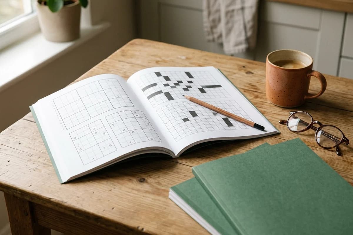 A 7.44 by 9.69 inch paperback puzzle activity book open on a wooden kitchen table with a pencil and coffee mug nearby - the workbook and activity book format.