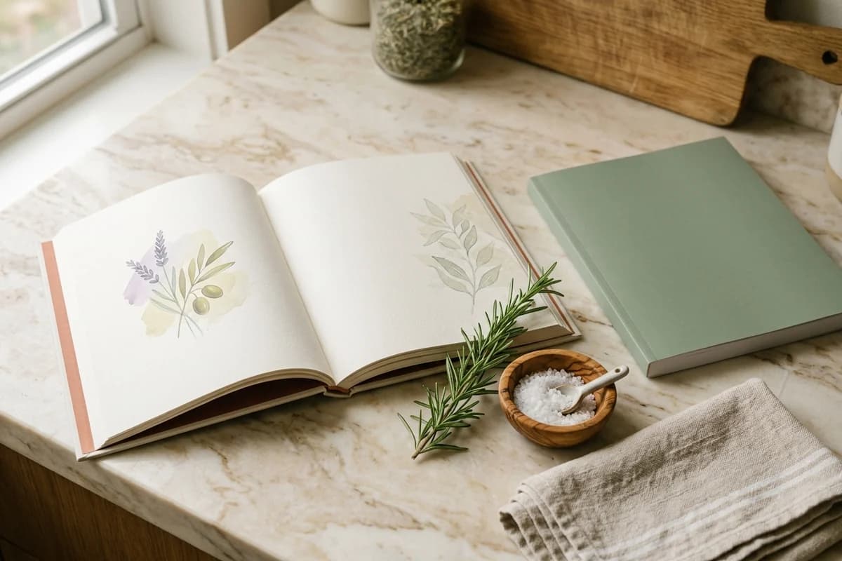 A 7.5 by 9.25 inch large paperback cookbook lying open on a cream marble counter with rosemary and a small olive-wood bowl - the creative non-fiction and illustrated guide format.