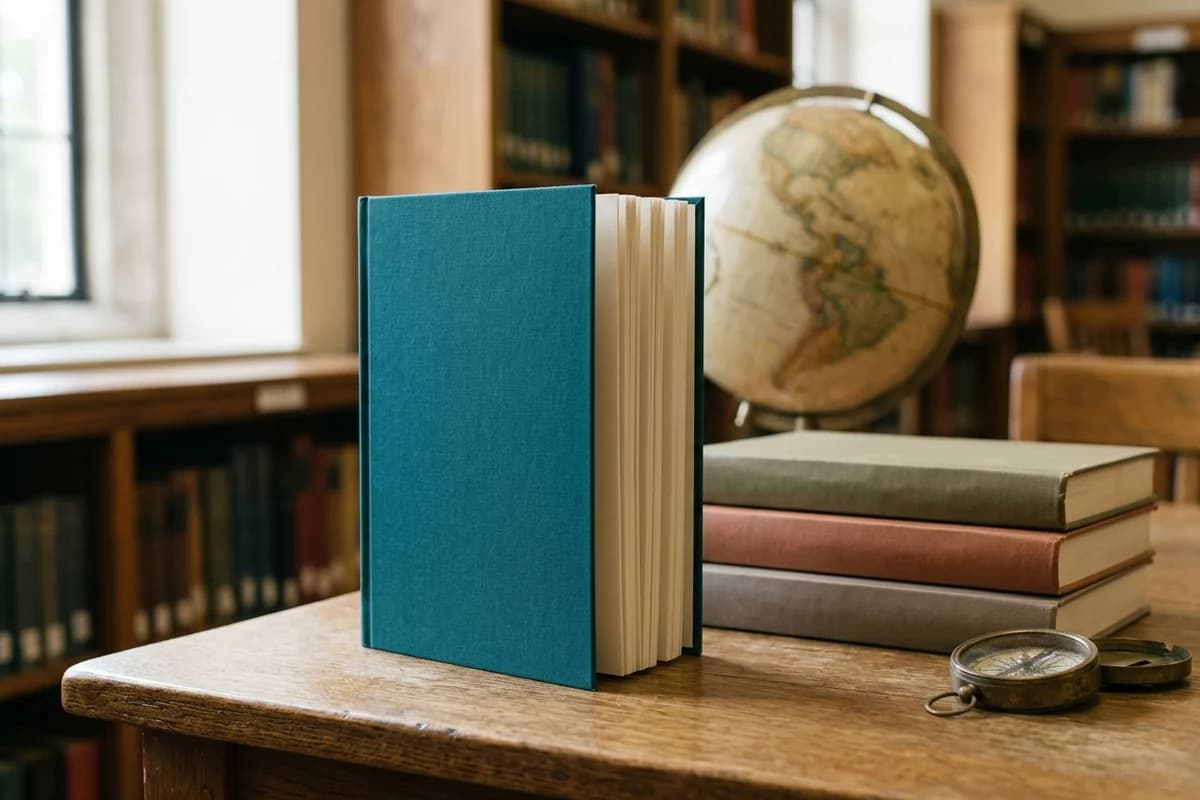 A 7 by 10 inch hardcover textbook standing open on a wooden library table, vintage globe and brass compass nearby - the US college textbook and professional reference format.