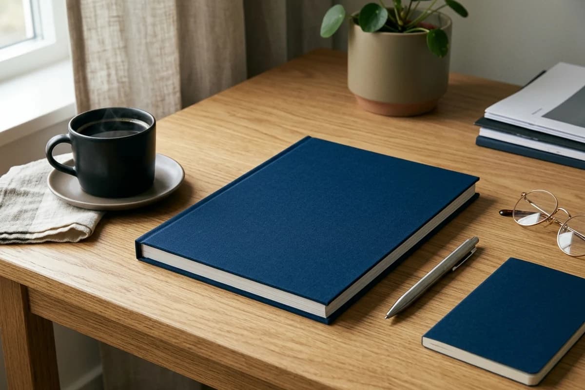An 8.27 by 11.69 inch A4 sized professional report book on a Scandinavian-style desk next to a cup of black coffee - the international A4 publishing standard for global professional content.