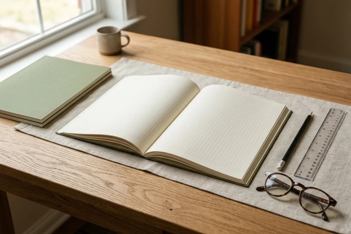 An 8.5 by 11 inch large workbook open on a wide oak study desk with a black pencil, ruler, and reading glasses - the US letter size workbook and study guide format.
