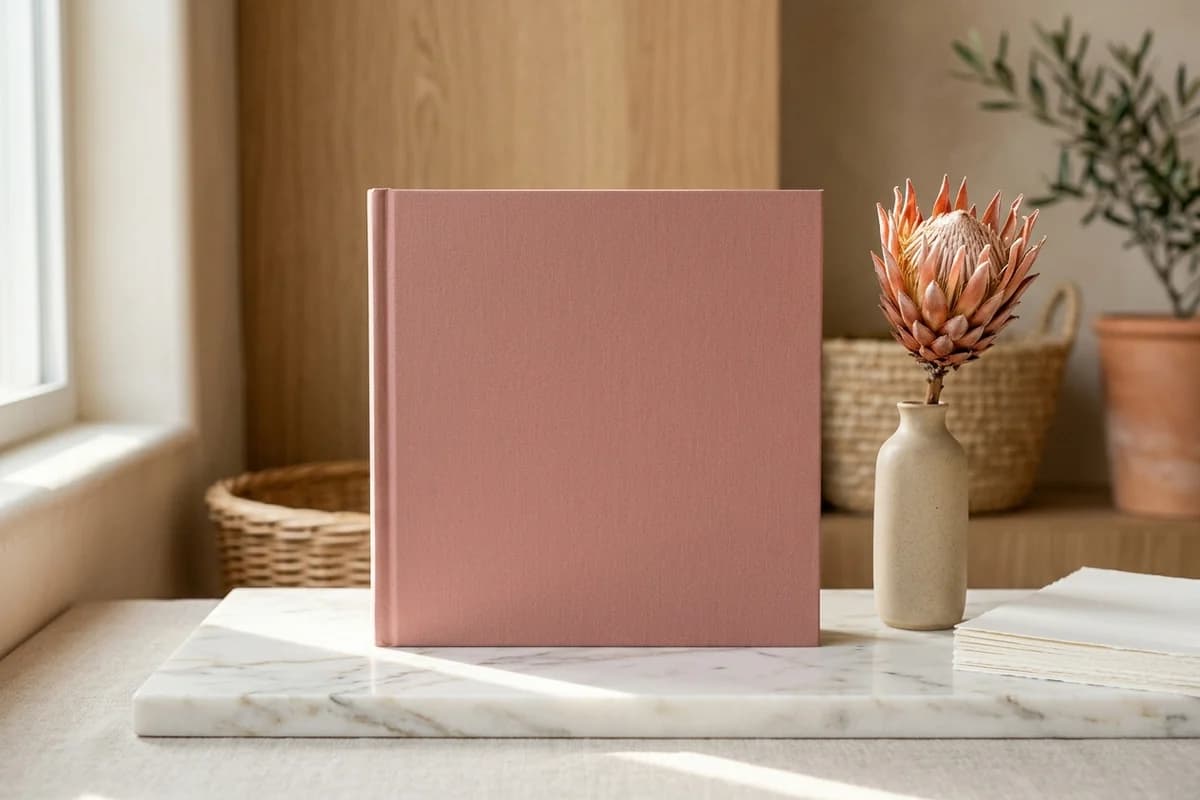 An 8.5 by 8.5 inch square premium hardcover-style art book on a marble shelf with a dried protea flower in a ceramic vase - the premium square format for art and gift books.