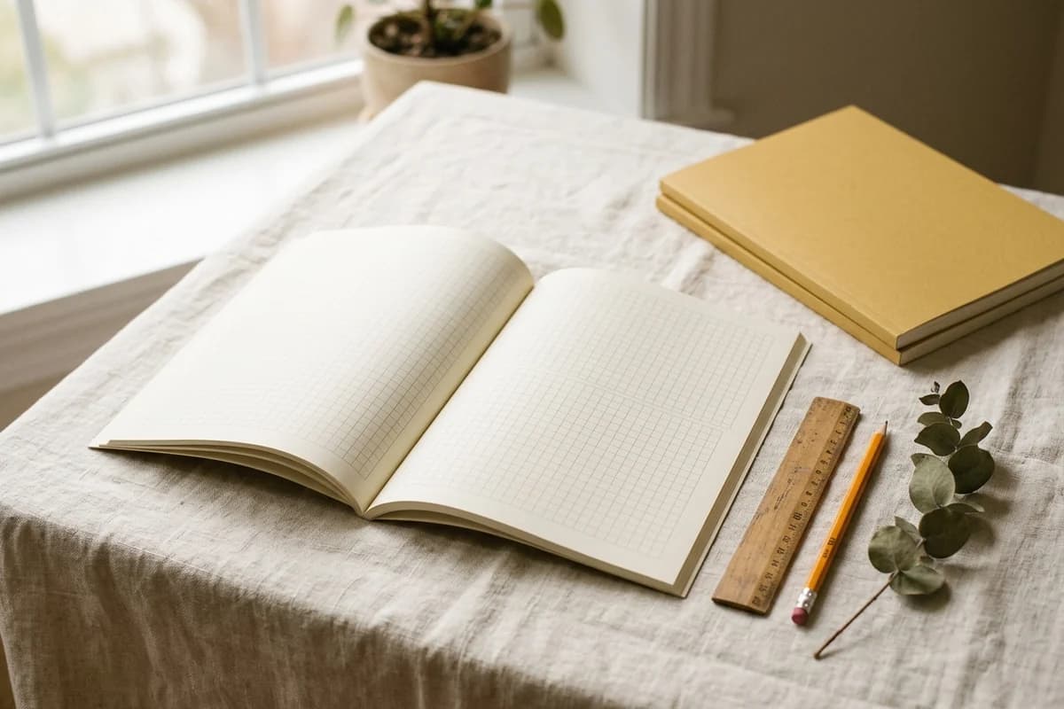 An 8 by 10 inch large paperback workbook lying open on a cream linen tablecloth with a wooden ruler, yellow pencil, and eucalyptus sprig nearby - the children's and adult colouring book format.