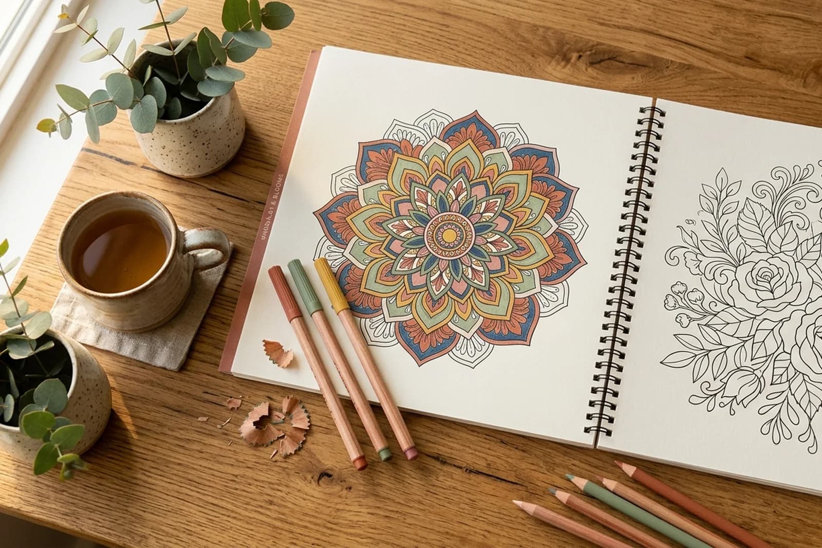 Adult coloring book in progress on a warm wood table with markers, half-colored mandala on the left page and uncolored line art on the right
