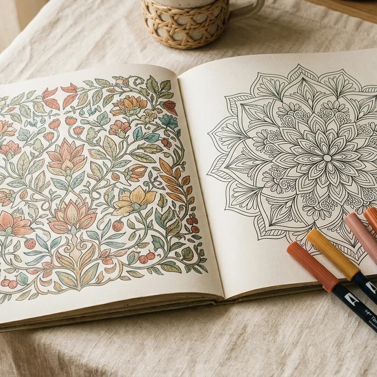 Open adult coloring book spread: a fully colored botanical mandala on the left page and a black-and-white line-art floral design on the right, with brush markers fanned across the linen tablecloth