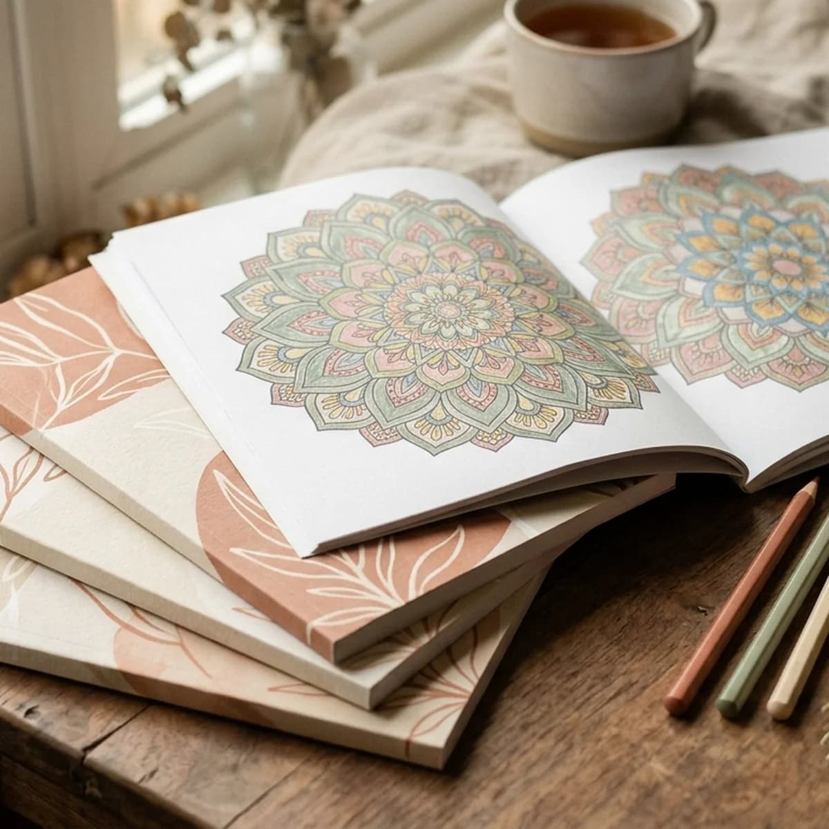 Three printed adult coloring book paperbacks stacked at a slight angle on a walnut wood surface, with a small bunch of dried lavender beside them