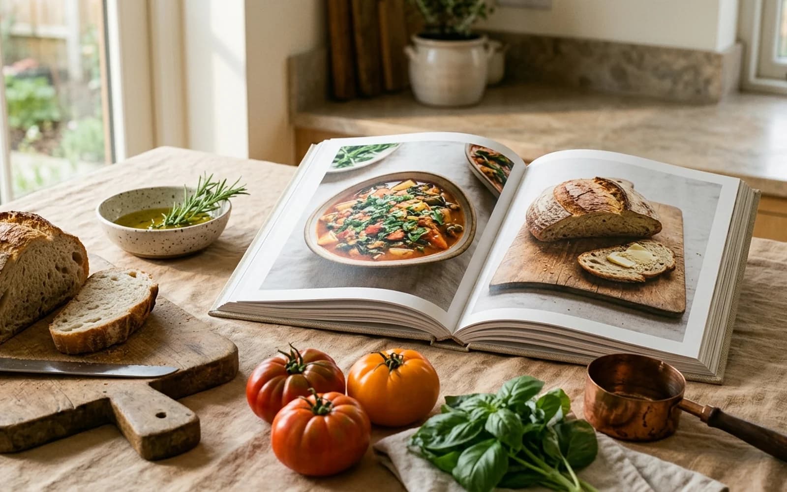 Open cookbook styled with rustic sourdough, olive oil, fresh basil, heirloom tomatoes and copper measuring cup