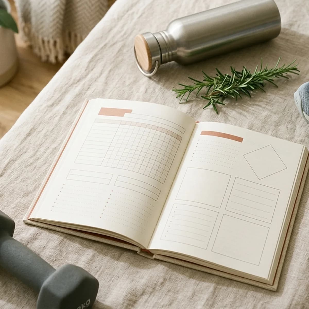 Open fitness tracker journal flat-lay on oat linen with a blue running shoe, a stainless steel water bottle, a sprig of rosemary and a small dumbbell