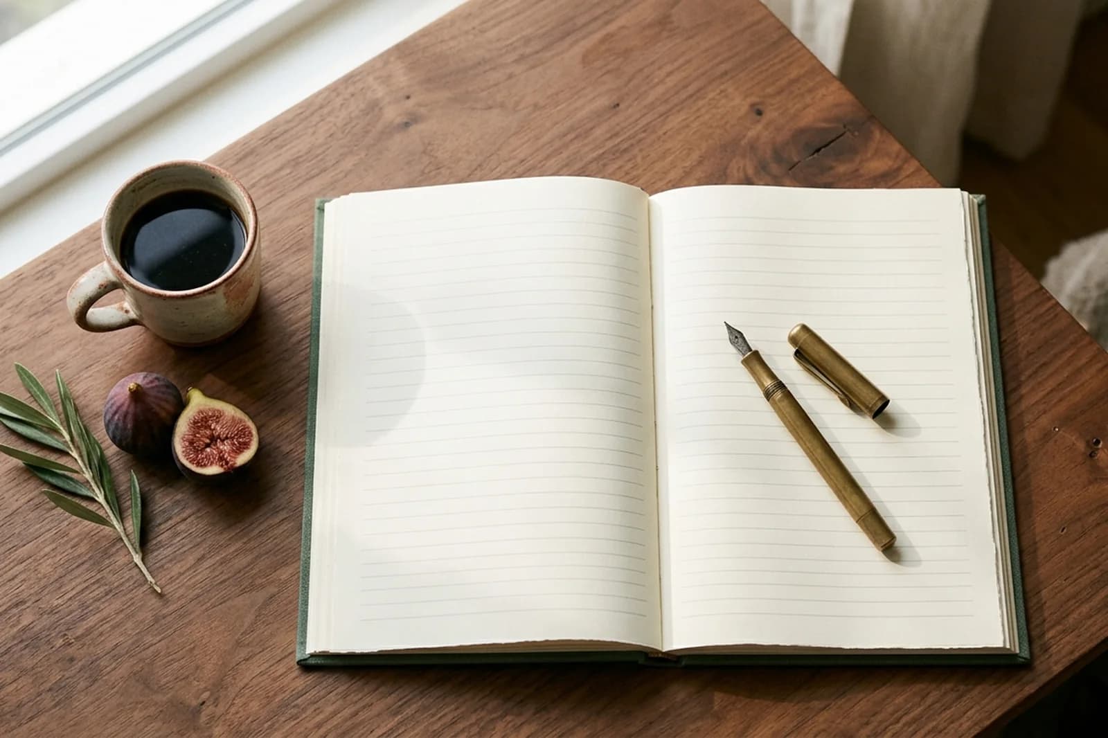 Open lined journal on a warm walnut writing desk with a brass fountain pen, morning coffee in a ceramic mug, fresh figs and an olive branch