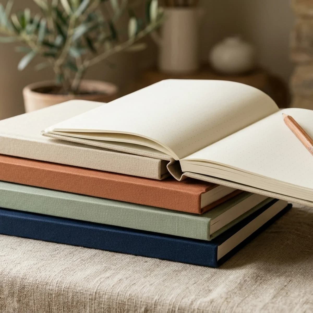 A stack of four hardcover journals on a linen tablecloth in muted earth tones: sage, terracotta, navy and oat cream, with the top journal open to a clean dotted-grid interior page