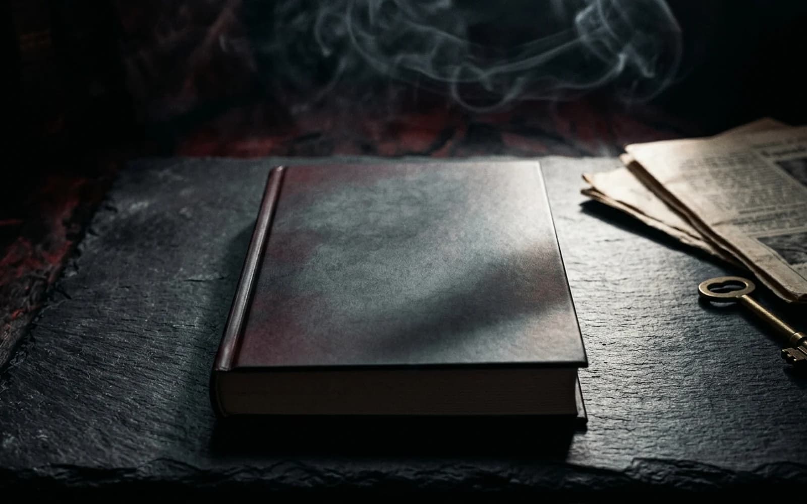 Thriller book cover mockup on a dark surface with directional rim light, oxblood accents and a brass key in soft focus