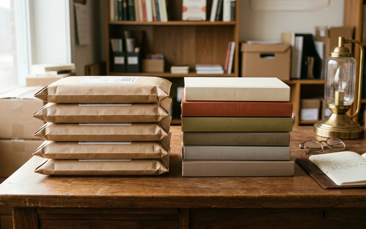 Two stacks of paperback books on a warm wood desk in a bookstore back office, evoking trade distribution