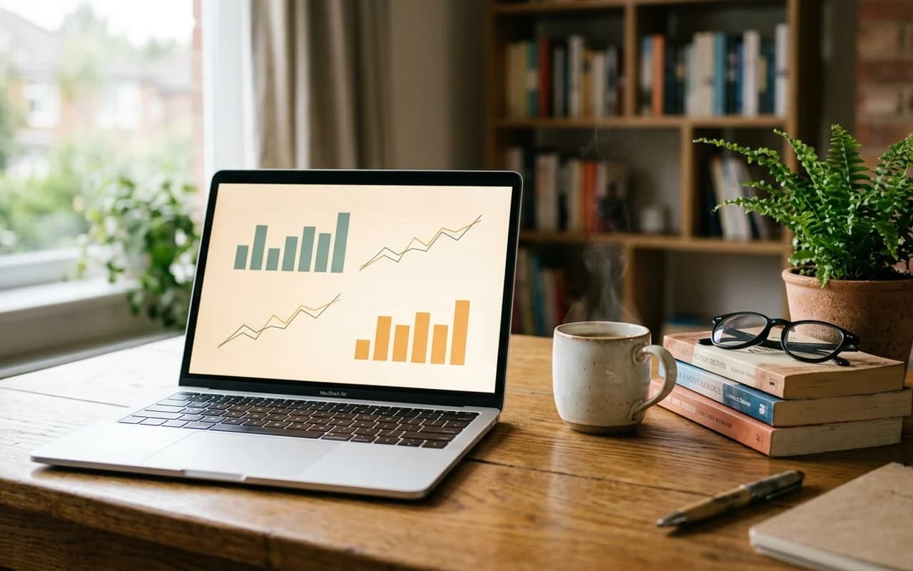 A laptop with a clean keyword research dashboard on a warm wood desk in soft natural light