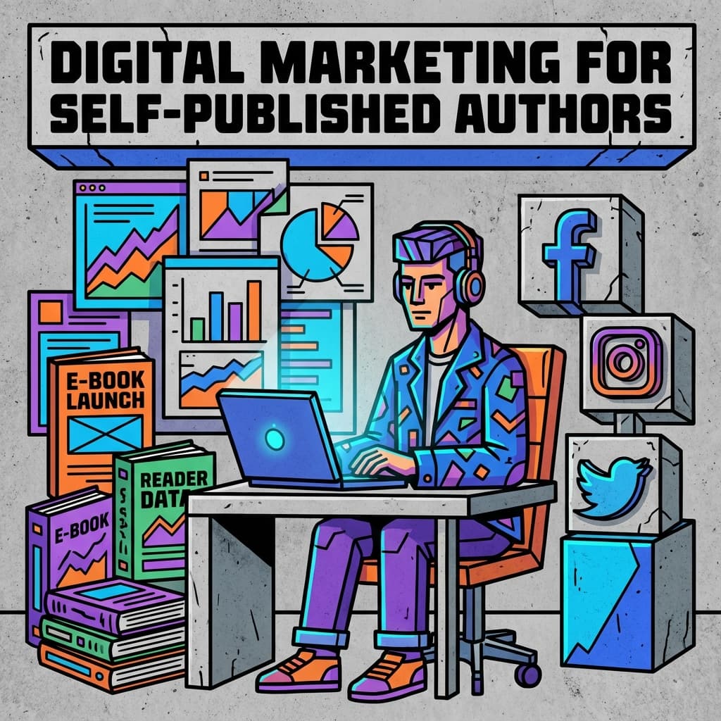 Self-published author working on digital marketing strategy with laptop showing analytics and book covers