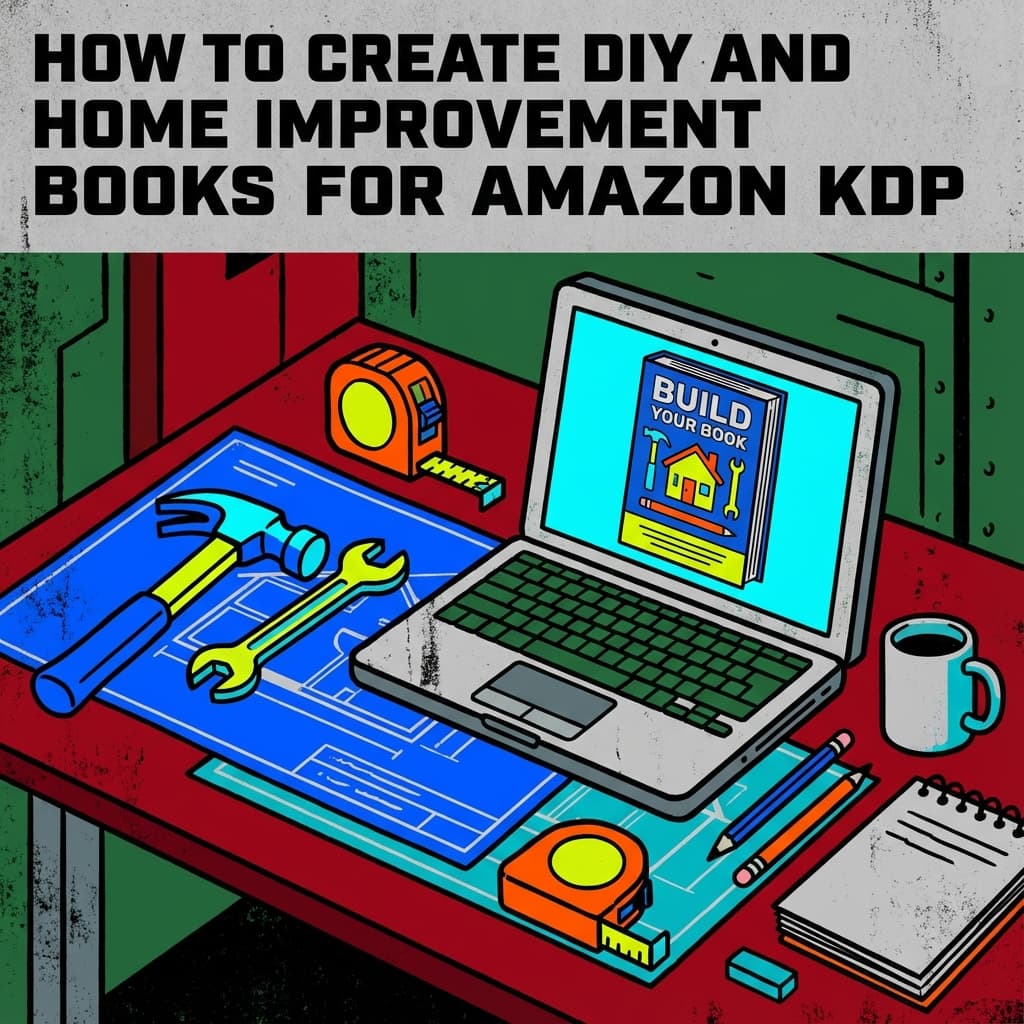 DIY home improvement book creation guide showing tools, blueprints, and a finished book cover