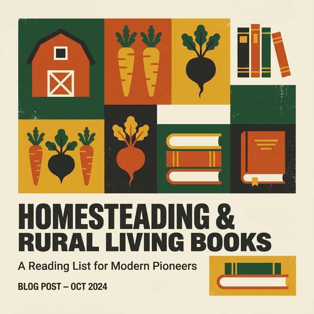 Homesteading and rural living book with farm landscape showing self-sufficient lifestyle