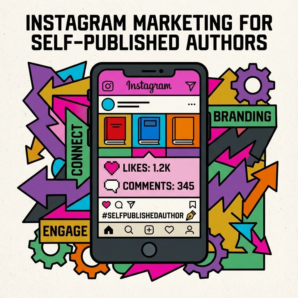 Self-published author creating Instagram content to promote their books with phone showing Instagram feed