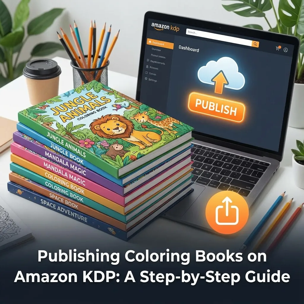 Complete guide to publishing coloring books on Amazon KDP showing step-by-step upload and formatting process