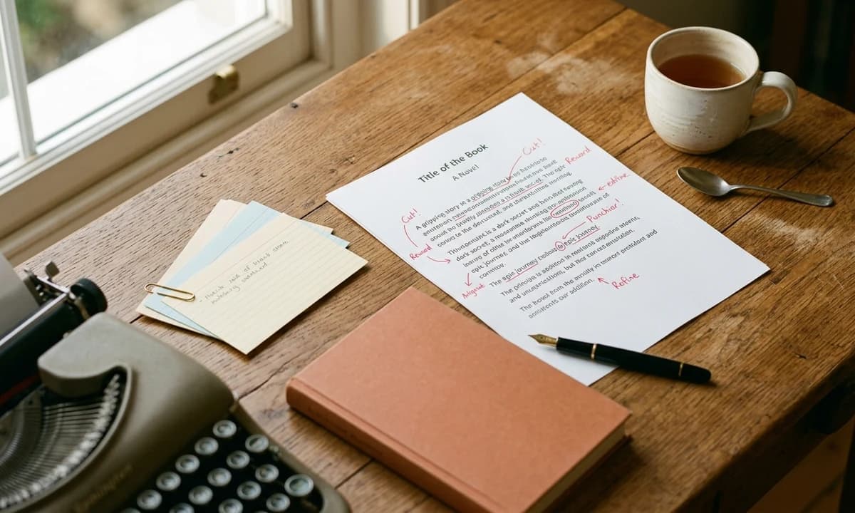 Editorial overhead of a warm wooden writing desk with a printed book description page being edited in red pencil, surrounded by a paperback book, fountain pen, and ceramic mug