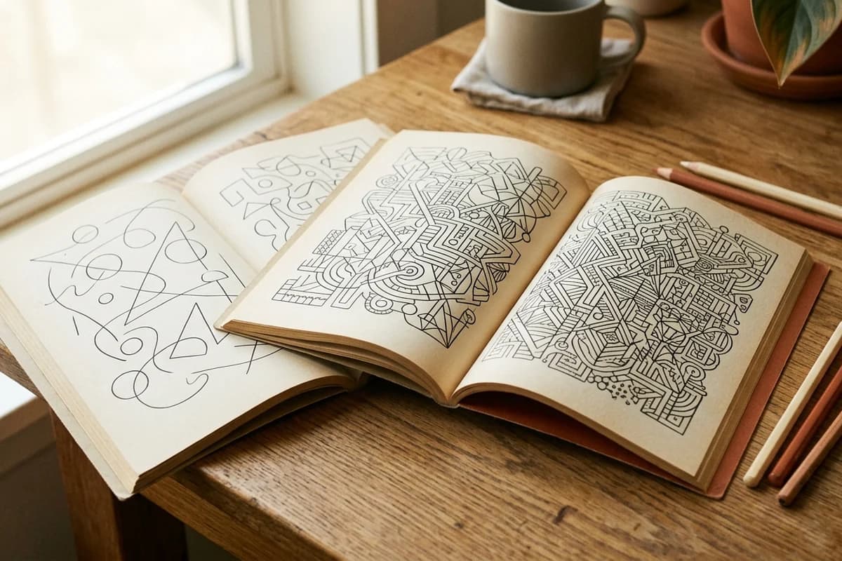 Three opened paperback books fanned on a wooden desk showing line-art puzzle patterns of progressively increasing complexity