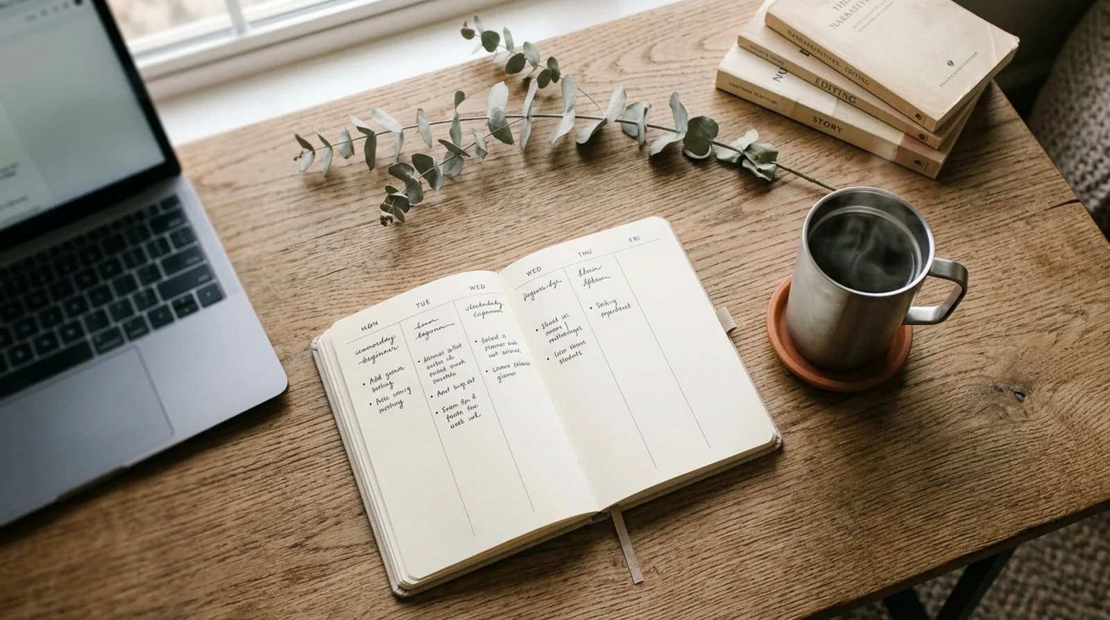 Daily KDP publishing routine planner notebook with weekly schedule, coffee, laptop, and paperback books on a wooden desk