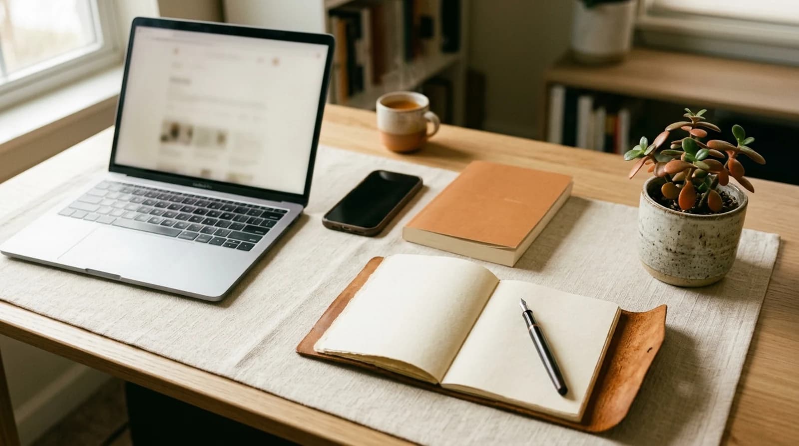 Self-published author home office desk with laptop, smartphone, notebook, paperback book, and a terracotta plant in warm window light
