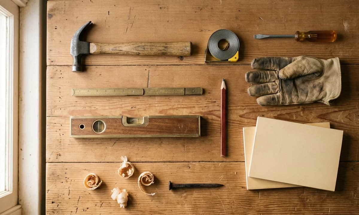 Overhead flat lay of a warm reclaimed pine workbench with claw hammer, brass folding ruler, spirit level, screwdriver and leather work gloves in a tasteful grid
