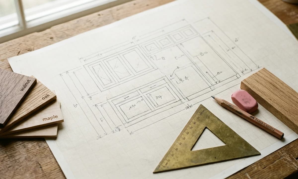 Top-down photograph of a hand-drawn cabinet build plan on warm cream graph paper with a brass triangle ruler, carpenter pencil, and oak wood samples