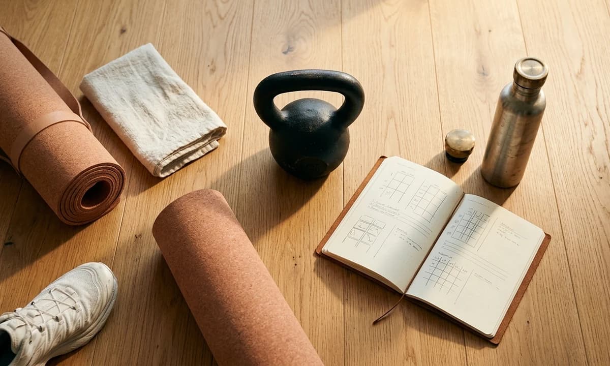 Overhead flat lay on warm oak hardwood floor of a cast-iron kettlebell, open fitness journal, water bottle and cork yoga mat in morning light