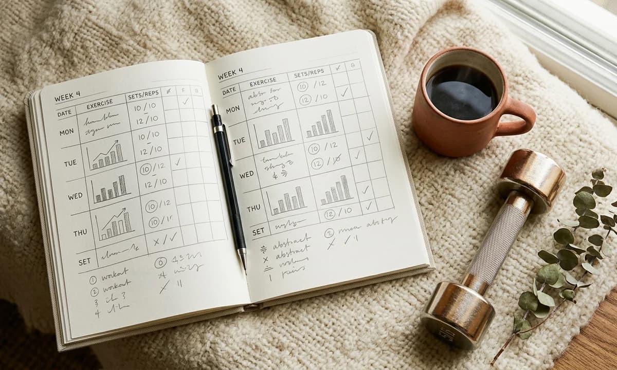 Close-up of an open hardcover workout journal showing hand-drawn weekly grids and pencil tracking, beside a small dumbbell and a coffee mug