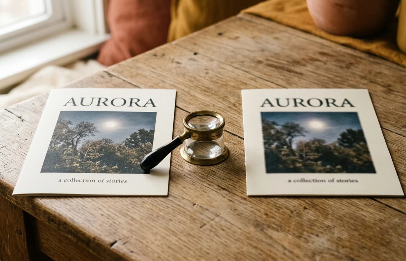 Two printed book cover samples side by side, one sharp and one visibly blurry, with a loupe magnifier between them