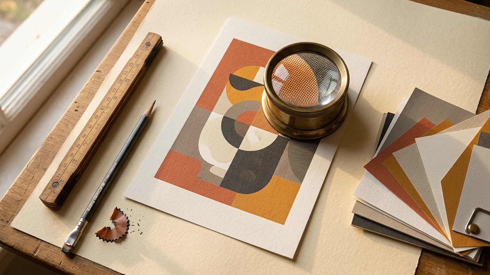 Editorial flat-lay of a designer's desk with a printed book cover proof and a vintage loupe magnifier inspecting print sharpness