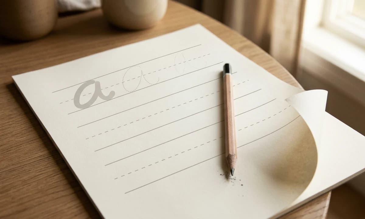 Close-up of a handwriting practice page showing the solid top line, dashed midline, and solid baseline with a graphite pencil resting alongside